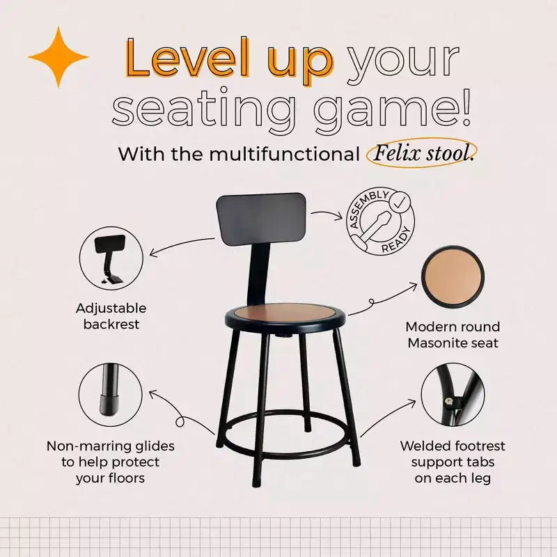 18" Felix Collection Steel Stool with Backrest Black