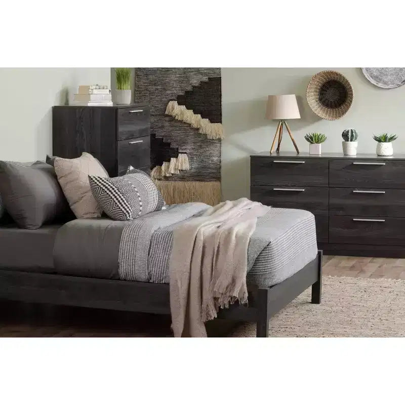 5 Drawer Chest Storage Unit Weathered Oak: Particle Board Frame, Meets ASTM Safety Standards