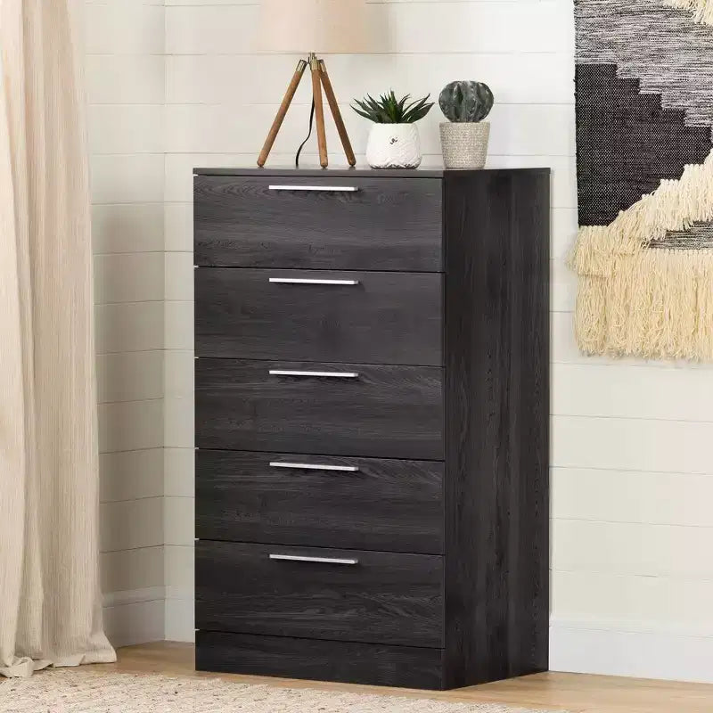 5 Drawer Chest Storage Unit Weathered Oak: Particle Board Frame, Meets ASTM Safety Standards