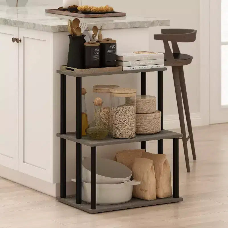 Furinno 3-Tier Ladder Kitchen Rack Storage Shelf Microwave Stand Open Shelves for Kitchen&Living Room&Home Storage,French Oak Grey/Black