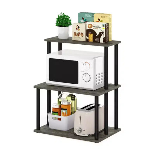Scaffale da cucina a 3 livelli, supporto per microonde, mensole aperte per cucina, soggiorno e ripostiglio, rovere francese grigio/nero