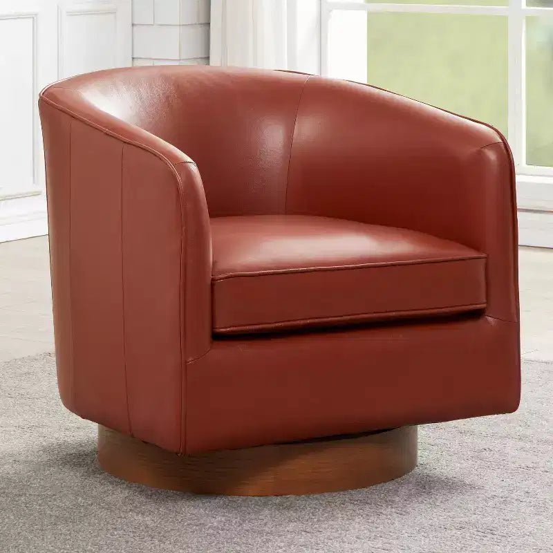 Top Grain Leather Wood Base Swivel Accent Chair