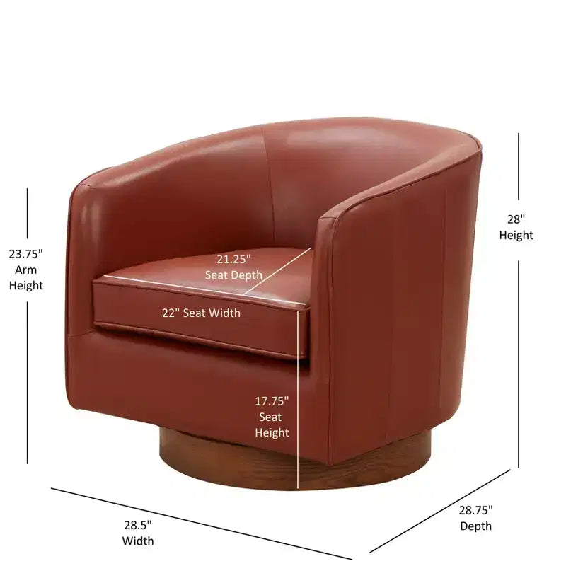 Top Grain Leather Wood Base Swivel Accent Chair