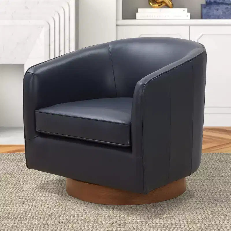 Top Grain Leather Wood Base Swivel Accent Chair