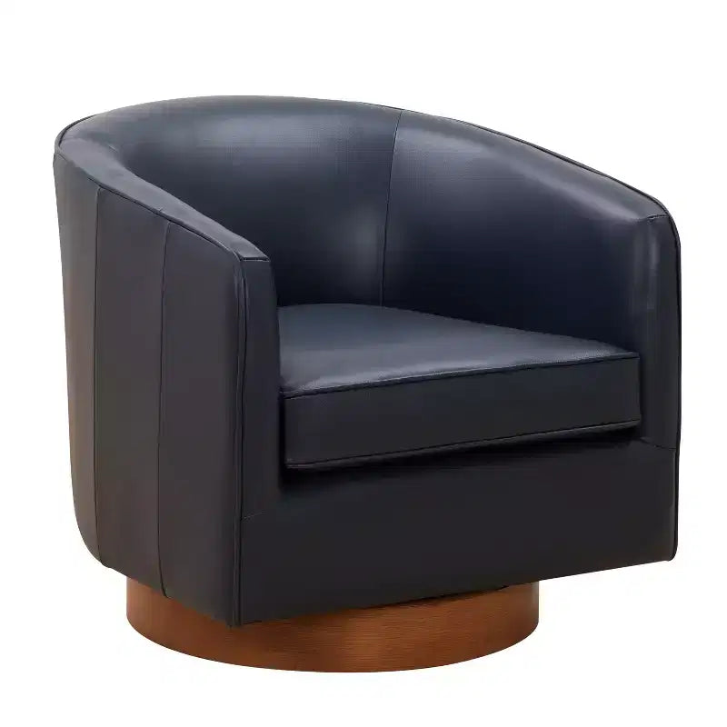 Top Grain Leather Wood Base Swivel Accent Chair
