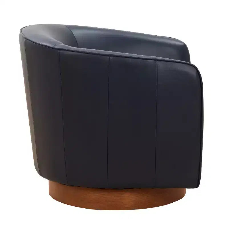 Top Grain Leather Wood Base Swivel Accent Chair