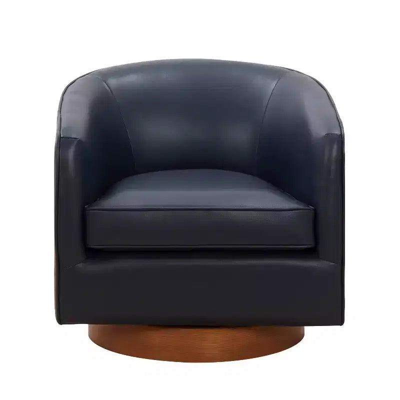 Top Grain Leather Wood Base Swivel Accent Chair