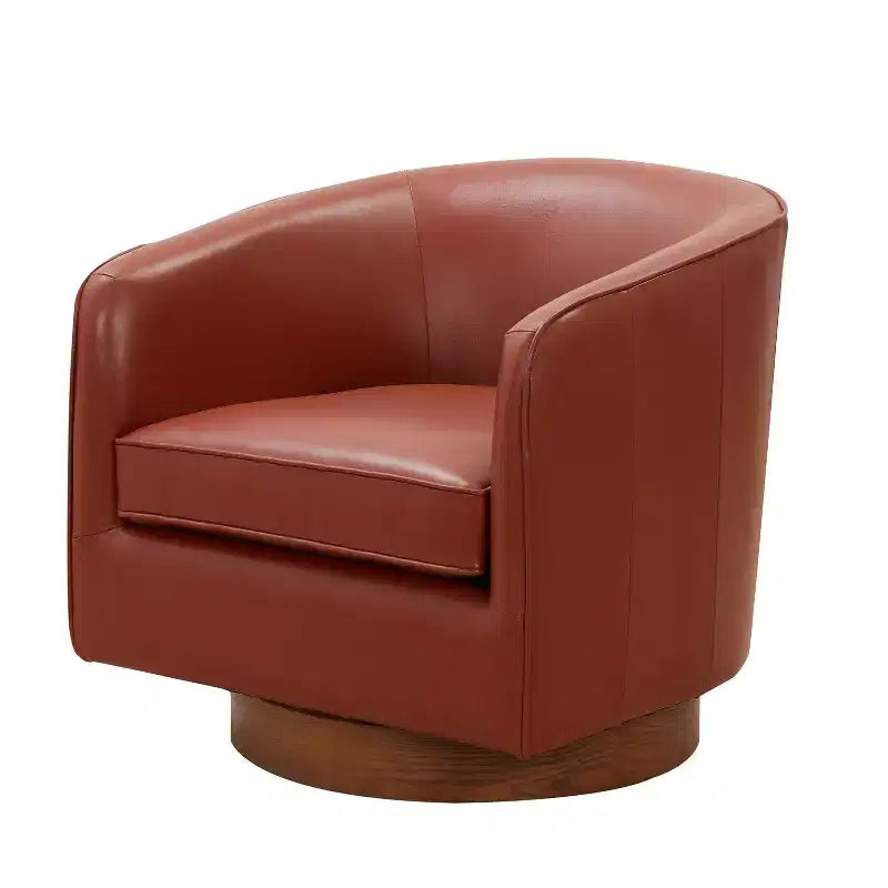 Top Grain Leather Wood Base Swivel Accent Chair