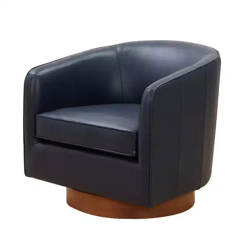 Top Grain Leather Wood Base Swivel Accent Chair