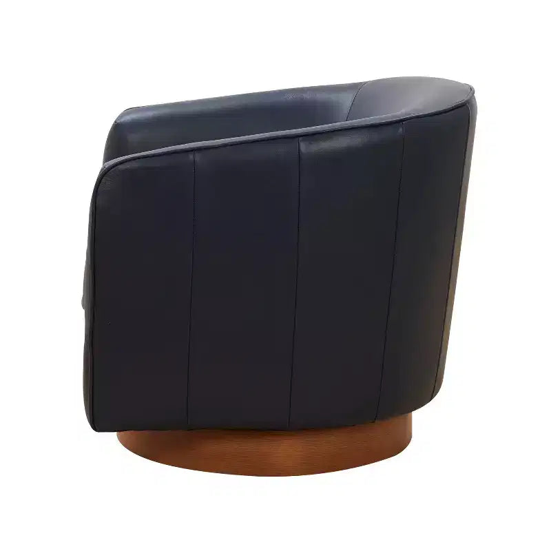 Top Grain Leather Wood Base Swivel Accent Chair