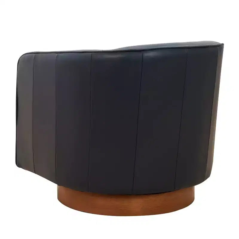 Top Grain Leather Wood Base Swivel Accent Chair
