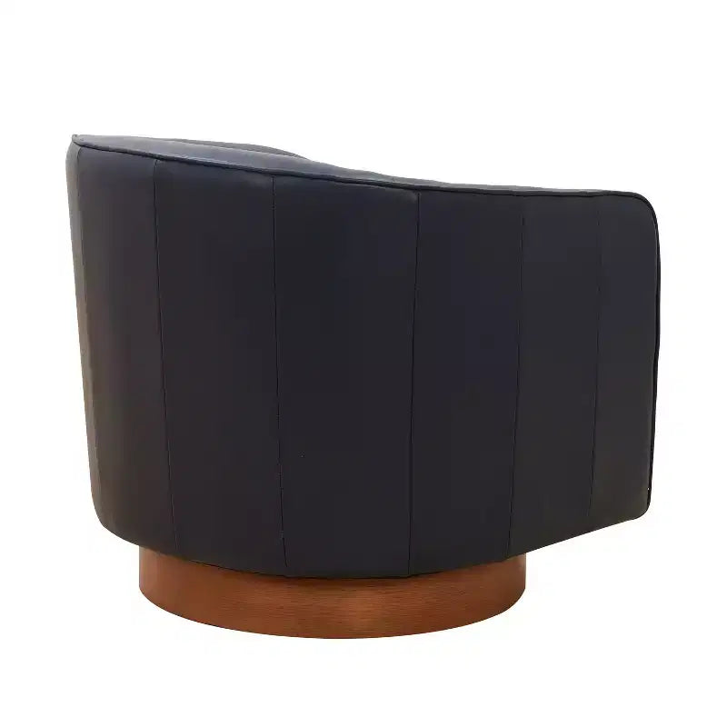 Top Grain Leather Wood Base Swivel Accent Chair