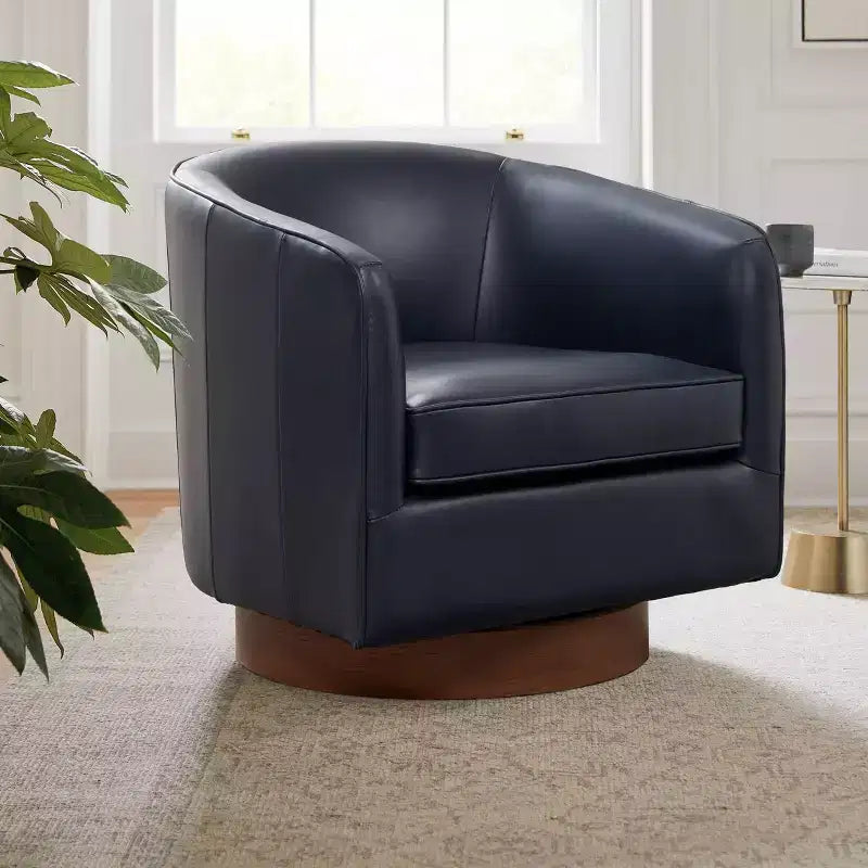 Top Grain Leather Wood Base Swivel Accent Chair