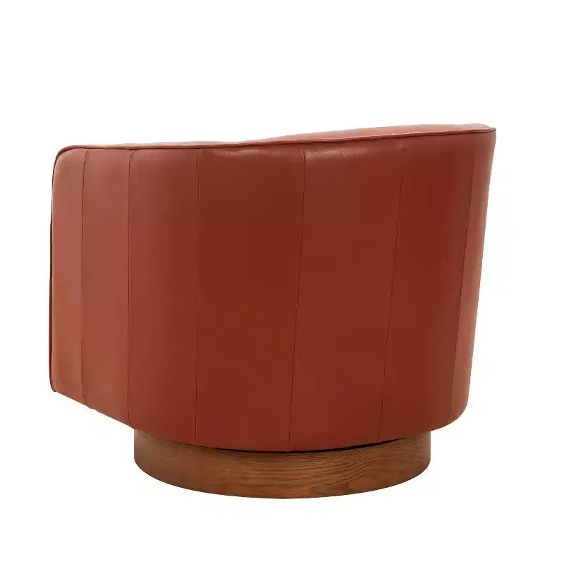 Top Grain Leather Wood Base Swivel Accent Chair