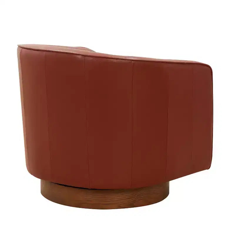Top Grain Leather Wood Base Swivel Accent Chair