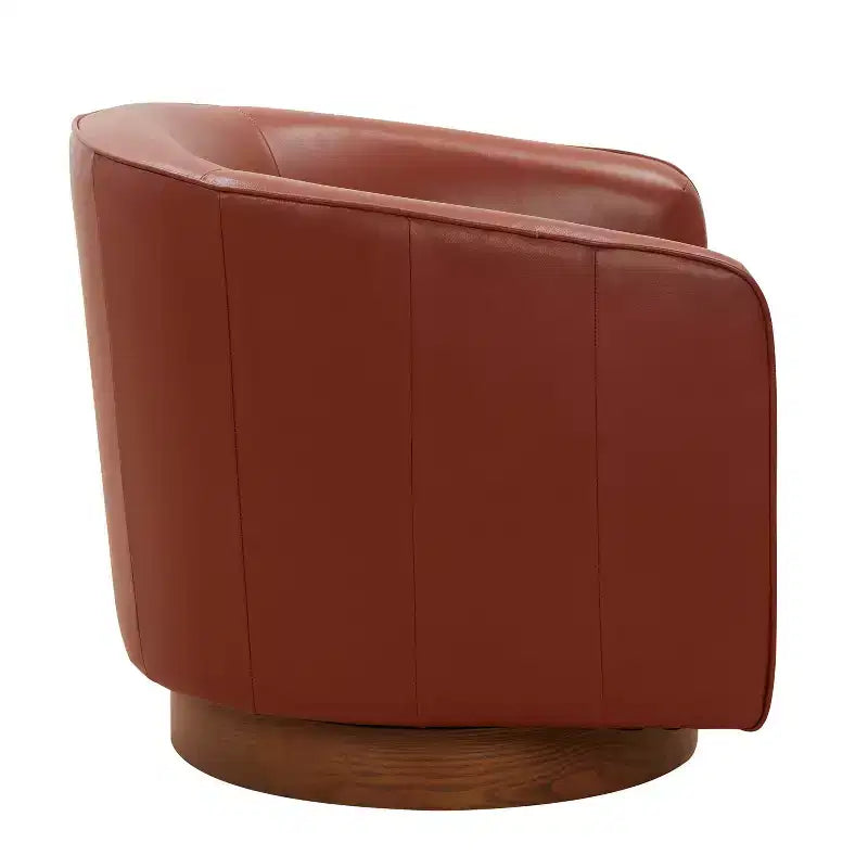 Top Grain Leather Wood Base Swivel Accent Chair