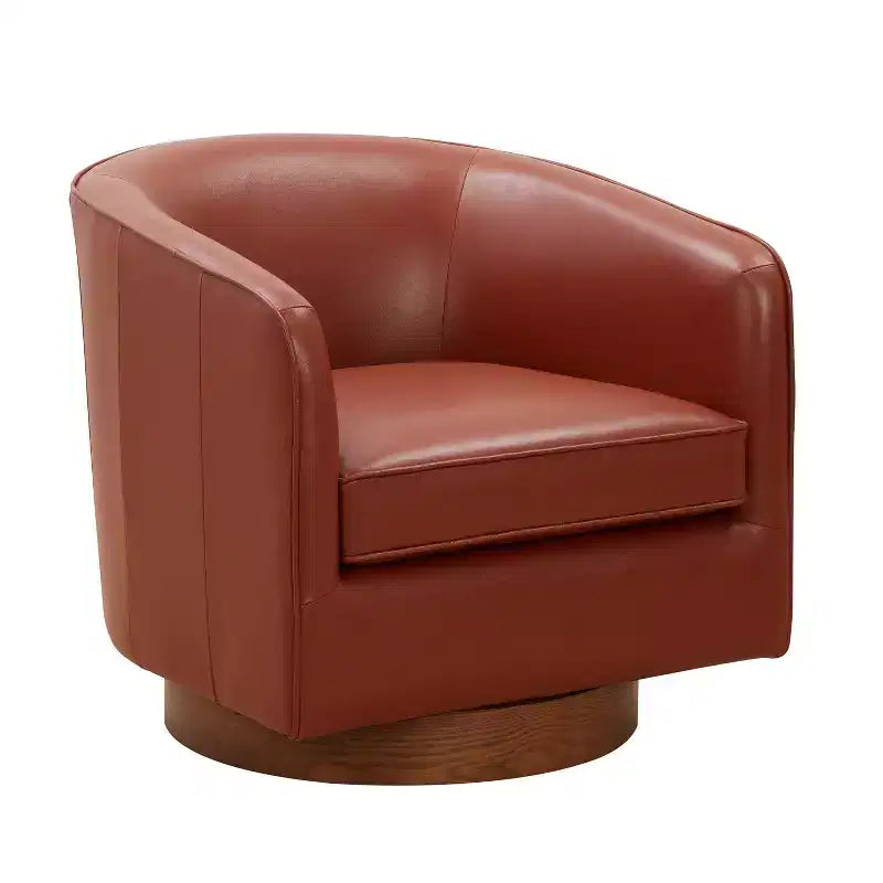 Top Grain Leather Wood Base Swivel Accent Chair