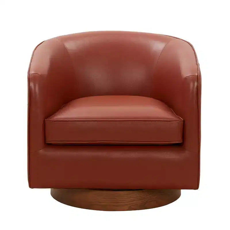 Top Grain Leather Wood Base Swivel Accent Chair