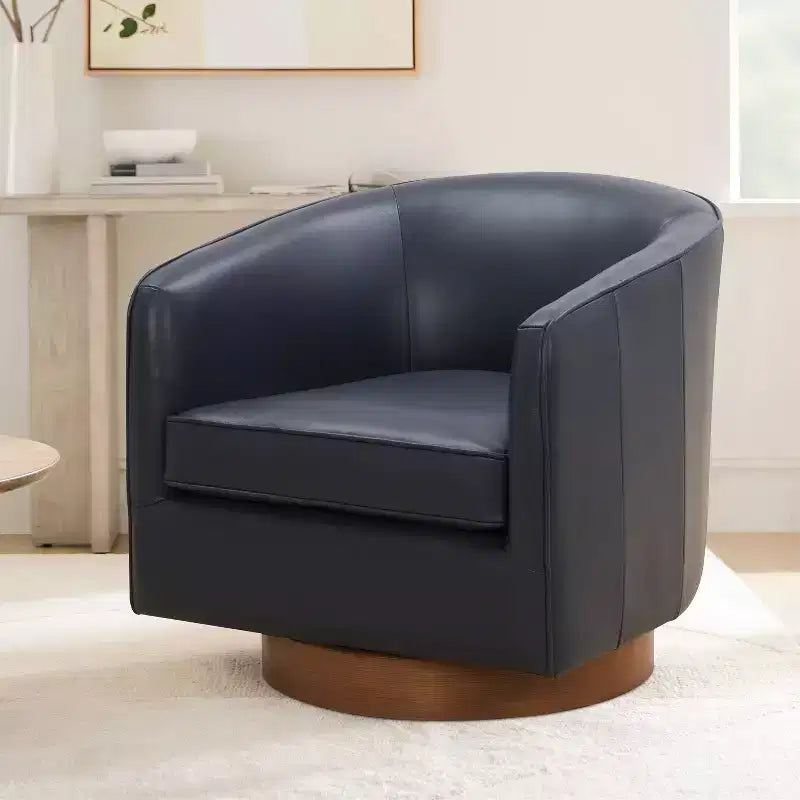 Top Grain Leather Wood Base Swivel Accent Chair