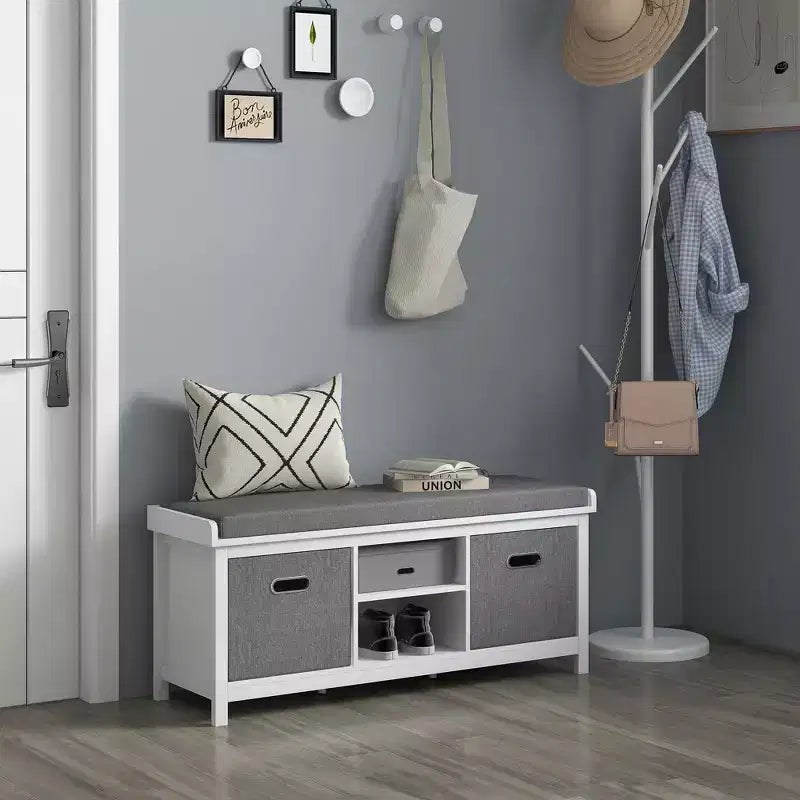 Shoe Bench with Cushion, Storage Bench for Entryway with Padded Seat, 2 Drawers and Adjustable Shelf for Hallway, Living Room, Bedroom, White
