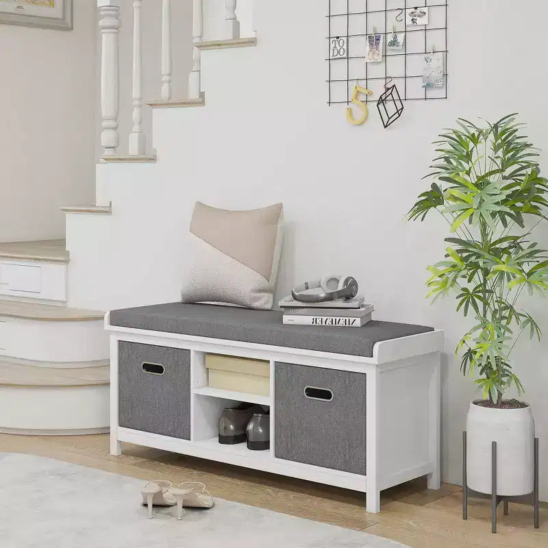 Shoe Bench with Cushion, Storage Bench for Entryway with Padded Seat, 2 Drawers and Adjustable Shelf for Hallway, Living Room, Bedroom, White