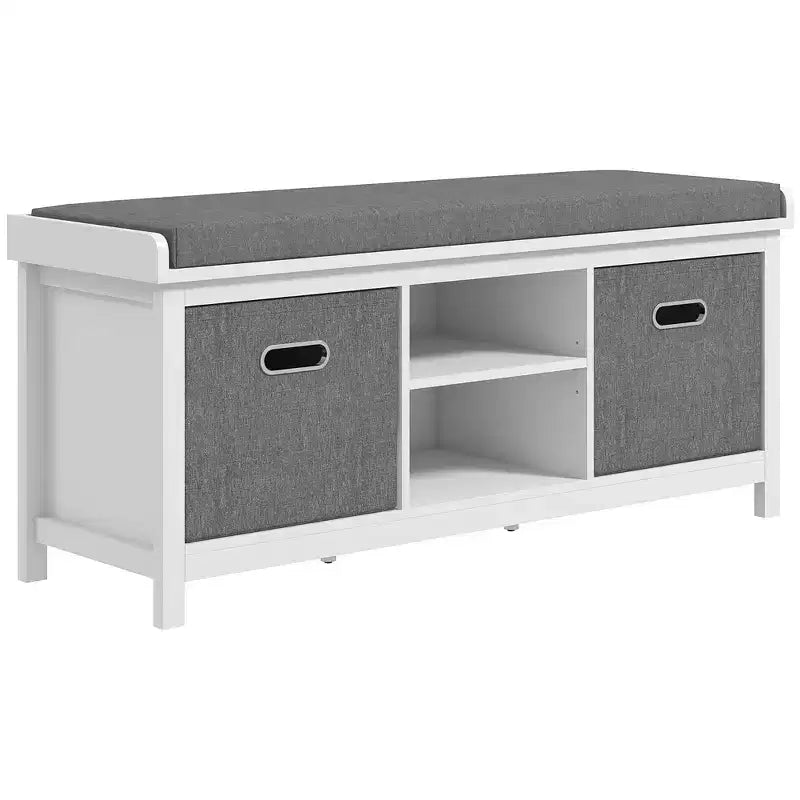 Shoe Bench with Cushion, Storage Bench for Entryway with Padded Seat, 2 Drawers and Adjustable Shelf for Hallway, Living Room, Bedroom, White