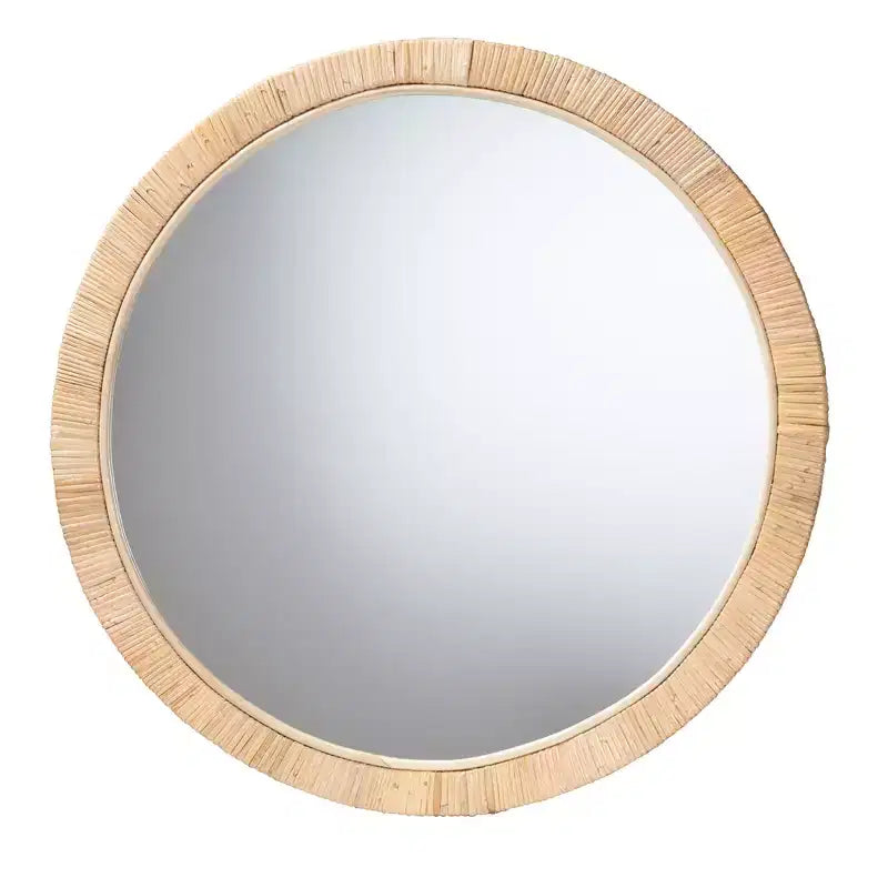 Modern Bohemian Natural Brown Mahognay Wood and Natural Rattan Round Mirror