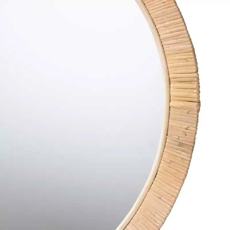 Modern Bohemian Natural Brown Mahognay Wood and Natural Rattan Round Mirror