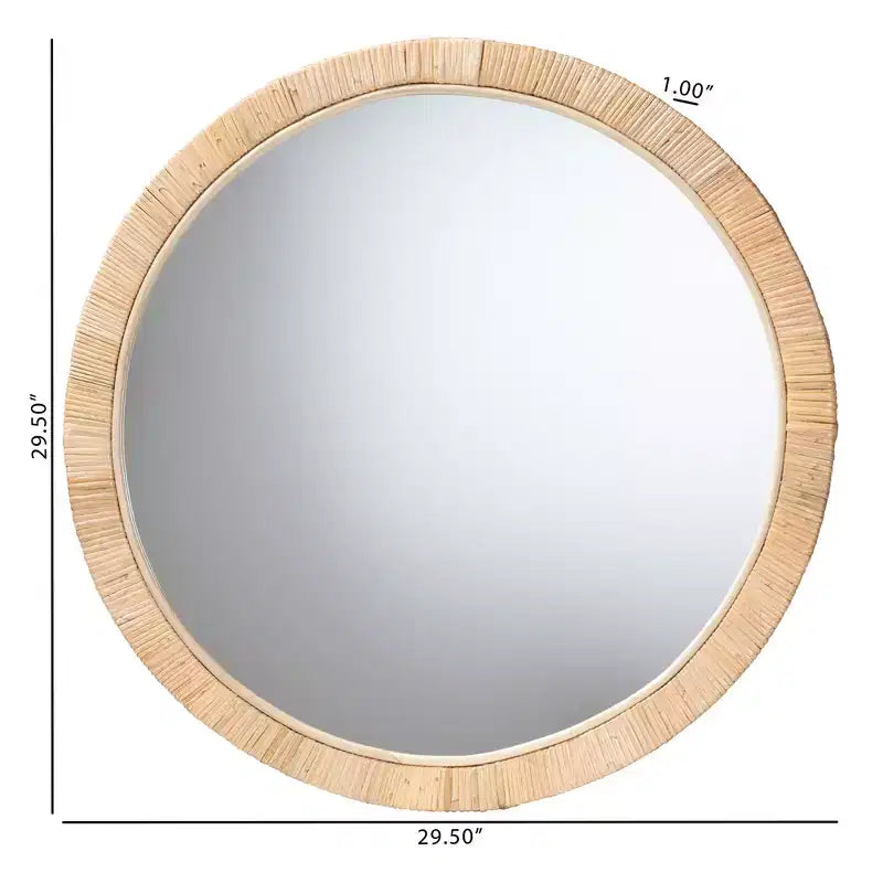 Modern Bohemian Natural Brown Mahognay Wood and Natural Rattan Round Mirror