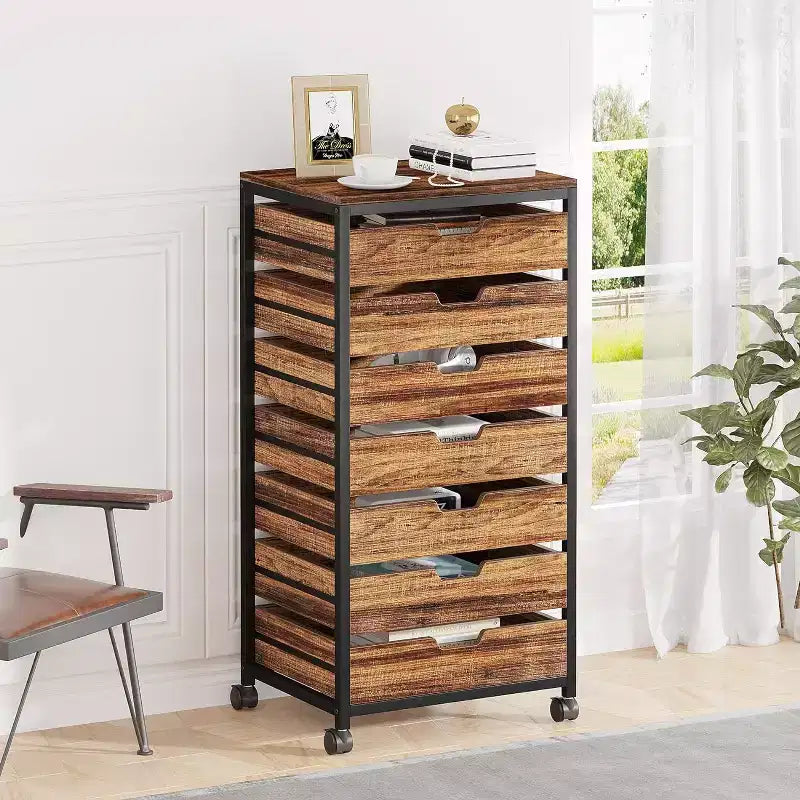 7-Tier Drawer Chest, Wood Storage Dresser Cabinet with Wheels