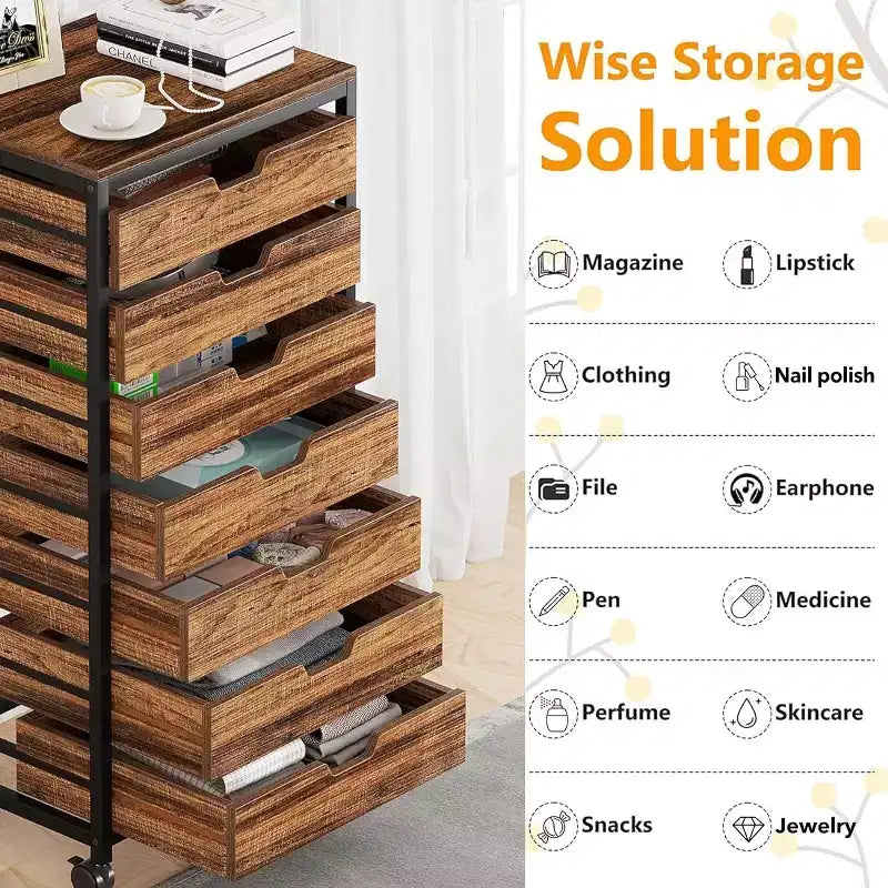 7-Tier Drawer Chest, Wood Storage Dresser Cabinet with Wheels