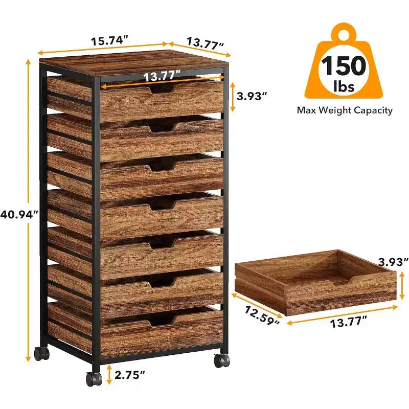 7-Tier Drawer Chest, Wood Storage Dresser Cabinet with Wheels