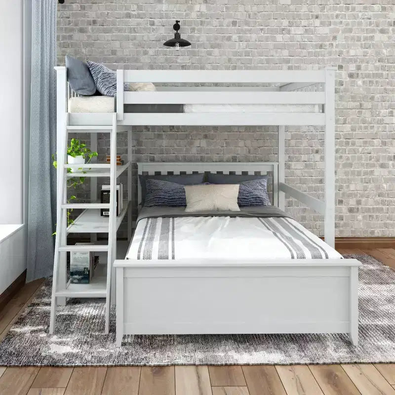 L-Shaped Full over Full Bunk Bed with Bookcase