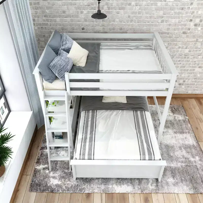 L-Shaped Full over Full Bunk Bed with Bookcase