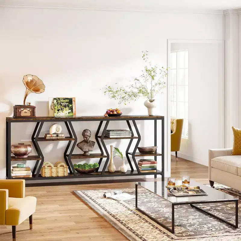 70.9 Inches Sofa Console Table with 4 Tier Wood Storage Shelves