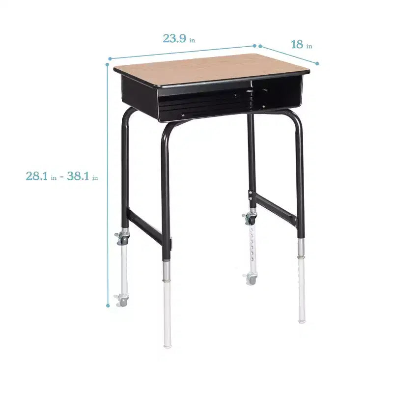 Mobile Open Front Desk with Metal Storage Book Box, Classroom Furniture, Oak