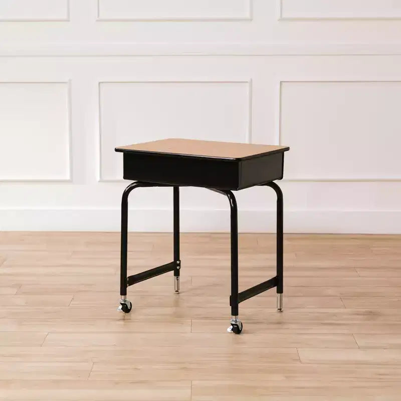 Mobile Open Front Desk with Metal Storage Book Box, Classroom Furniture, Oak