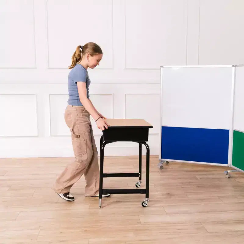 Mobile Open Front Desk with Metal Storage Book Box, Classroom Furniture, Oak