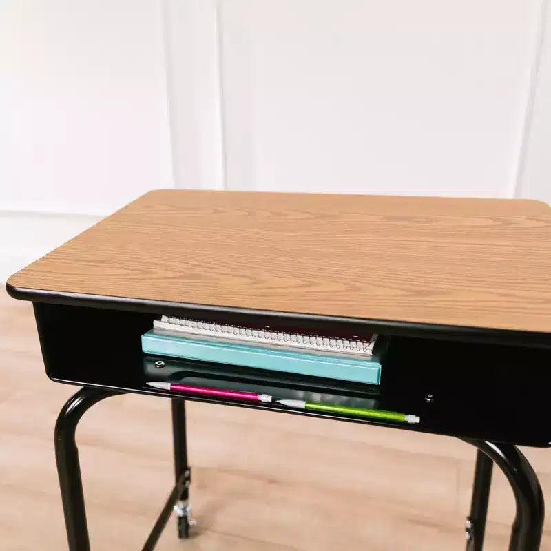Mobile Open Front Desk with Metal Storage Book Box, Classroom Furniture, Oak
