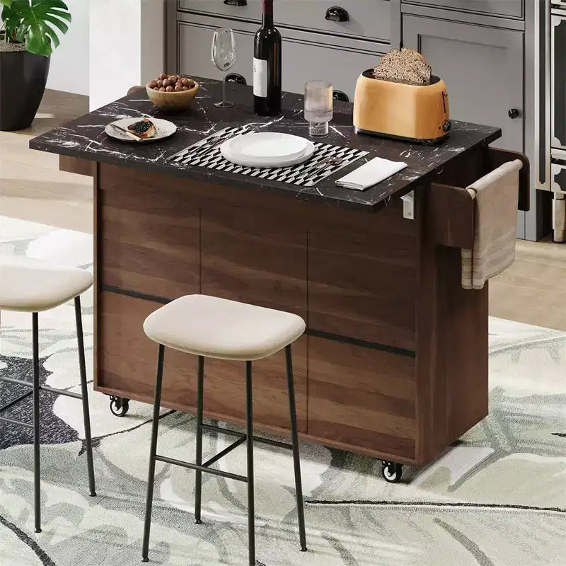 Kitchen Island with Trash Can Storage Cabinet, Rolling Kitchen Cart with Drop Leaf, Mobile Kitchen Island On Wheels For Dining Room Kitchen
