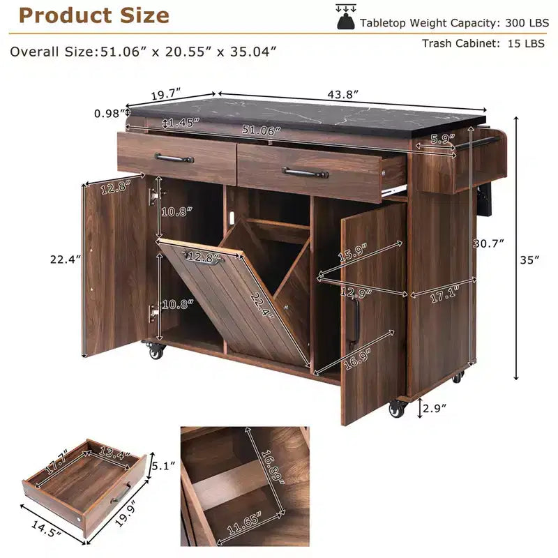 Kitchen Island with Trash Can Storage Cabinet, Rolling Kitchen Cart with Drop Leaf, Mobile Kitchen Island On Wheels For Dining Room Kitchen