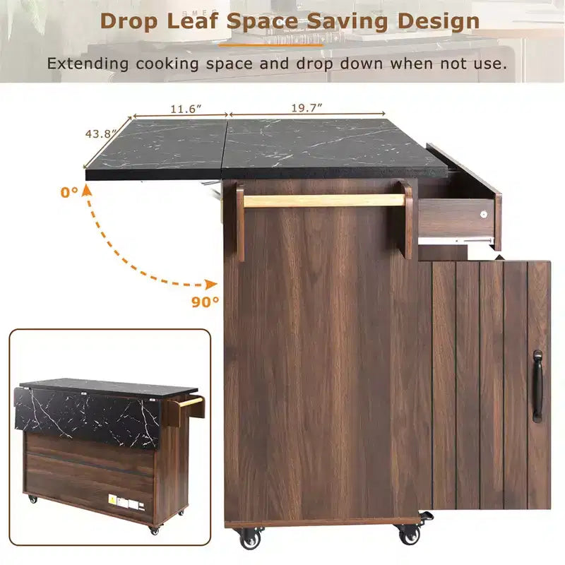 Kitchen Island with Trash Can Storage Cabinet, Rolling Kitchen Cart with Drop Leaf, Mobile Kitchen Island On Wheels For Dining Room Kitchen