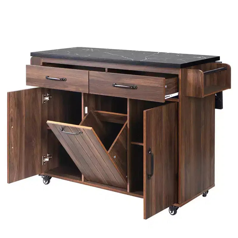 Kitchen Island with Trash Can Storage Cabinet, Rolling Kitchen Cart with Drop Leaf, Mobile Kitchen Island On Wheels For Dining Room Kitchen