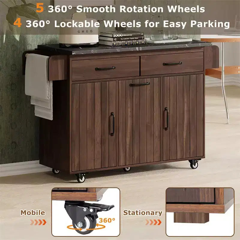 Kitchen Island with Trash Can Storage Cabinet, Rolling Kitchen Cart with Drop Leaf, Mobile Kitchen Island On Wheels For Dining Room Kitchen