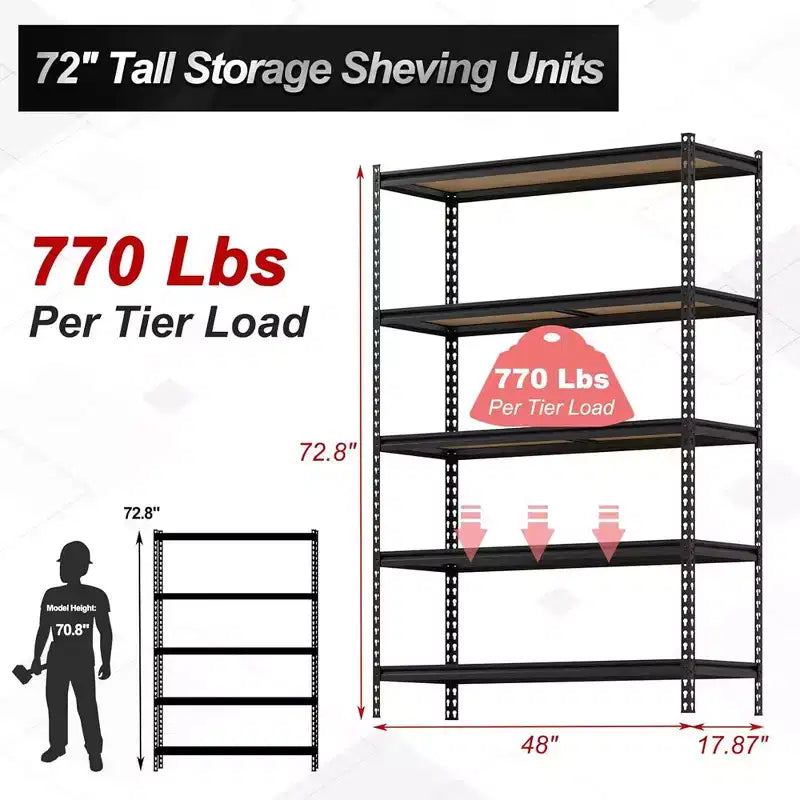 5-Tier Storage Shelves, Heavy Duty Metal Shelving Unit, Adjustable Garage Storage Shelving Utility Rack, 48 L x 18 W x 73 H, Black