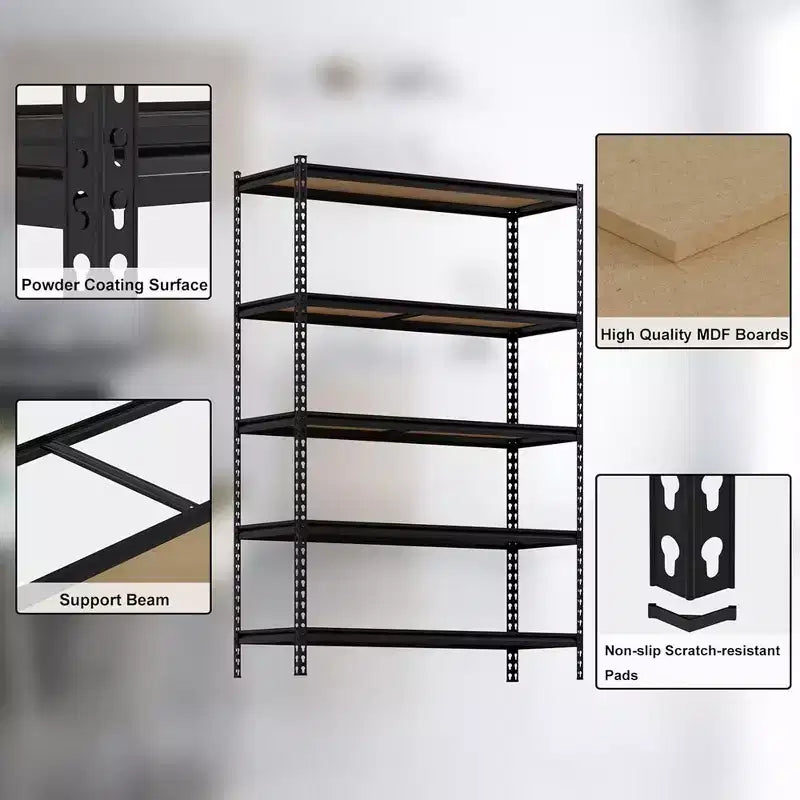 5-Tier Storage Shelves, Heavy Duty Metal Shelving Unit, Adjustable Garage Storage Shelving Utility Rack, 48 L x 18 W x 73 H, Black