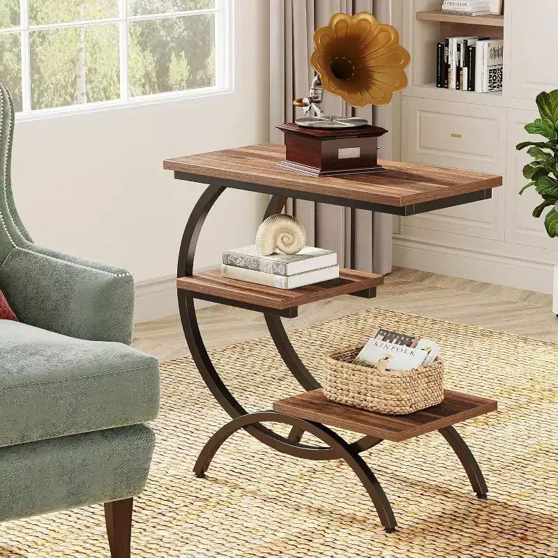 Industrial 3-Tier C-Shaped Side End Table for Living Room