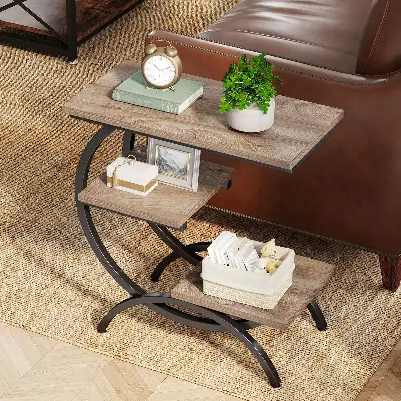 Industrial 3-Tier C-Shaped Side End Table for Living Room