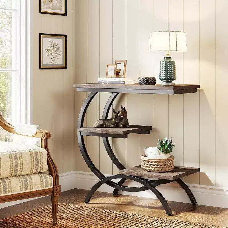 Industrial 3-Tier C-Shaped Side End Table for Living Room