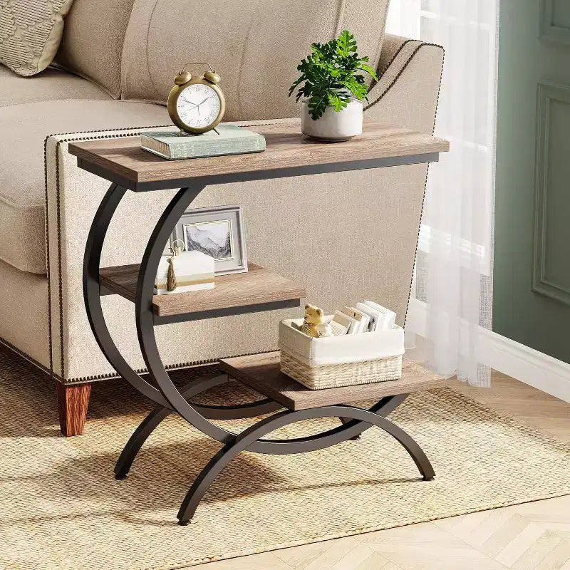 Industrial 3-Tier C-Shaped Side End Table for Living Room